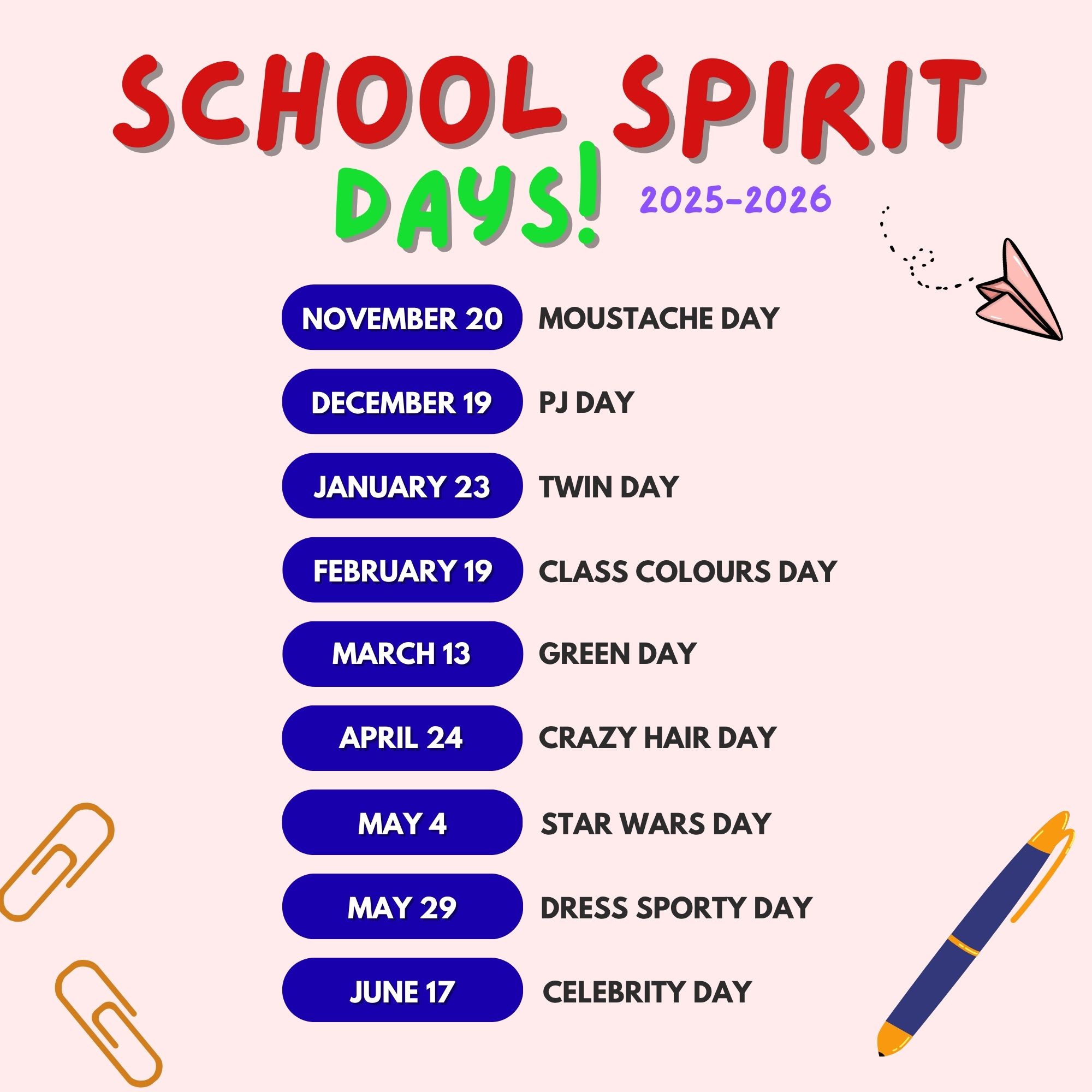 Spirit days at AES for 2025 to 2026